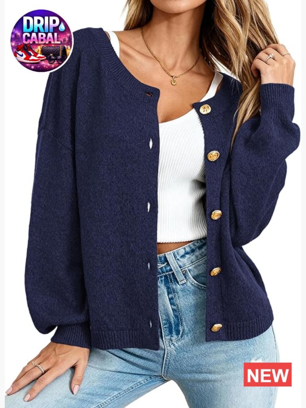 Oversized Open Front Gold Button Cardigan Sweater for Women